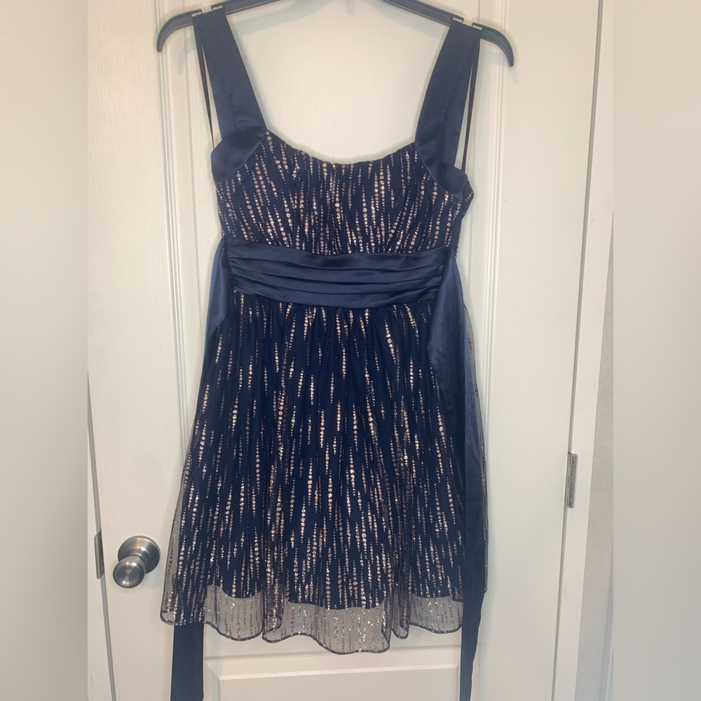 Blue and bronze glitter semi formal dress